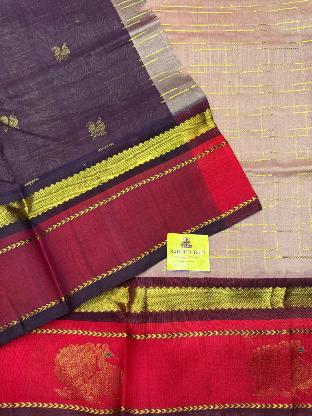 Biscuit with Maroon , Zari Lines in the body and Annam motif in the  borders and Rich Pallu Korvai Silk Cotton Saree