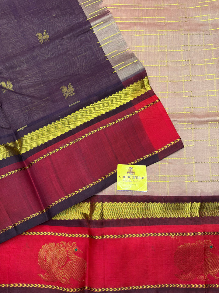 Biscuit with Maroon , Zari Lines in the body and Annam motif in the  borders and Rich Pallu Korvai Silk Cotton Saree
