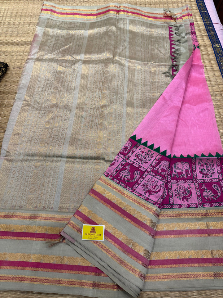 Baby Pink with Light Elaichi, Annam and Elephant Handblock Printed Korvai Silk Cotton Saree