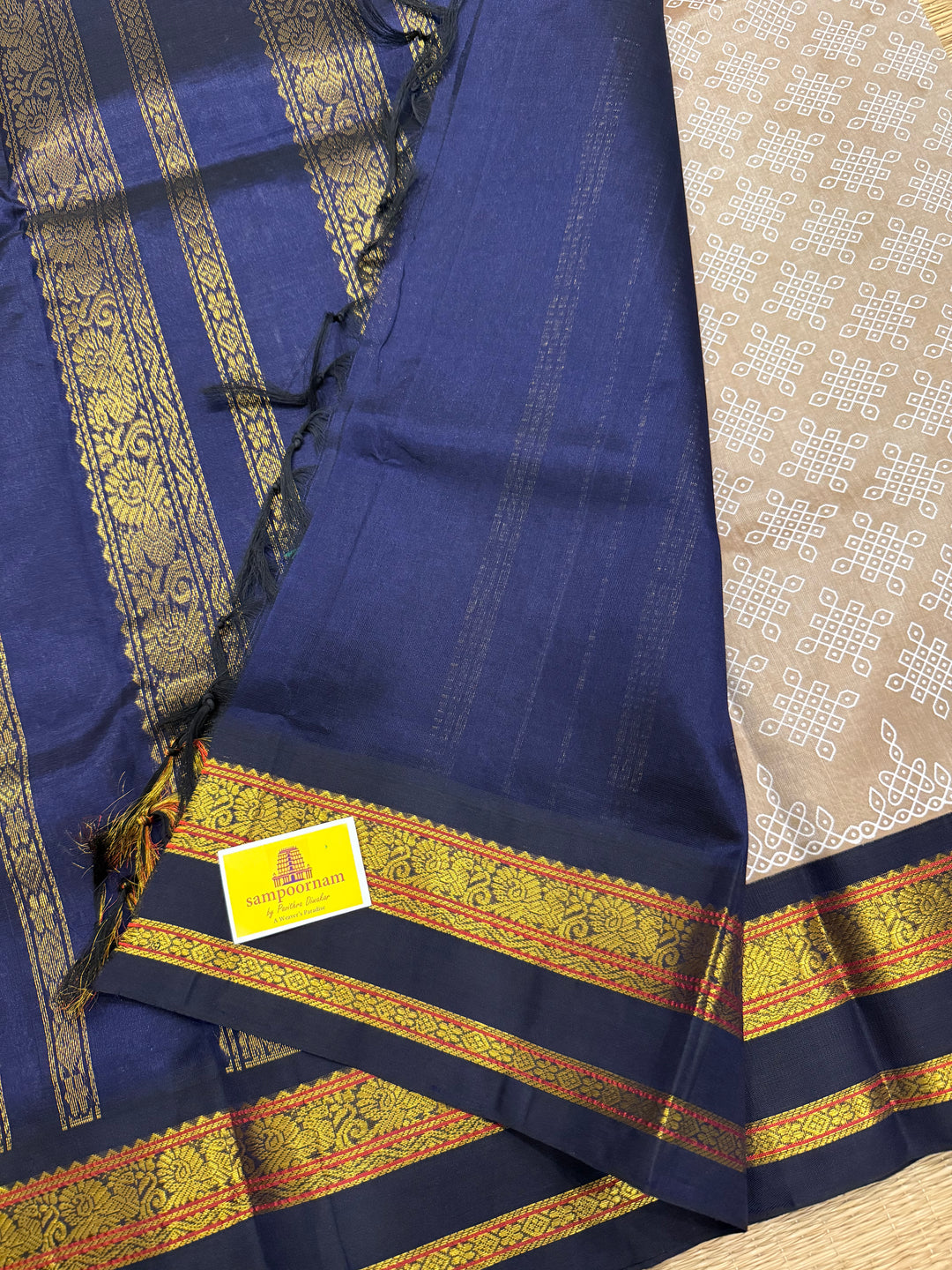 Light Gold with Blue Kolam Handblock All Over with Body Korvai Silk Cotton Saree