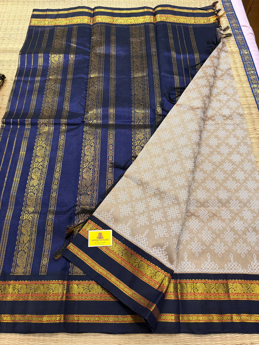 Light Gold with Blue Kolam Handblock All Over with Body Korvai Silk Cotton Saree