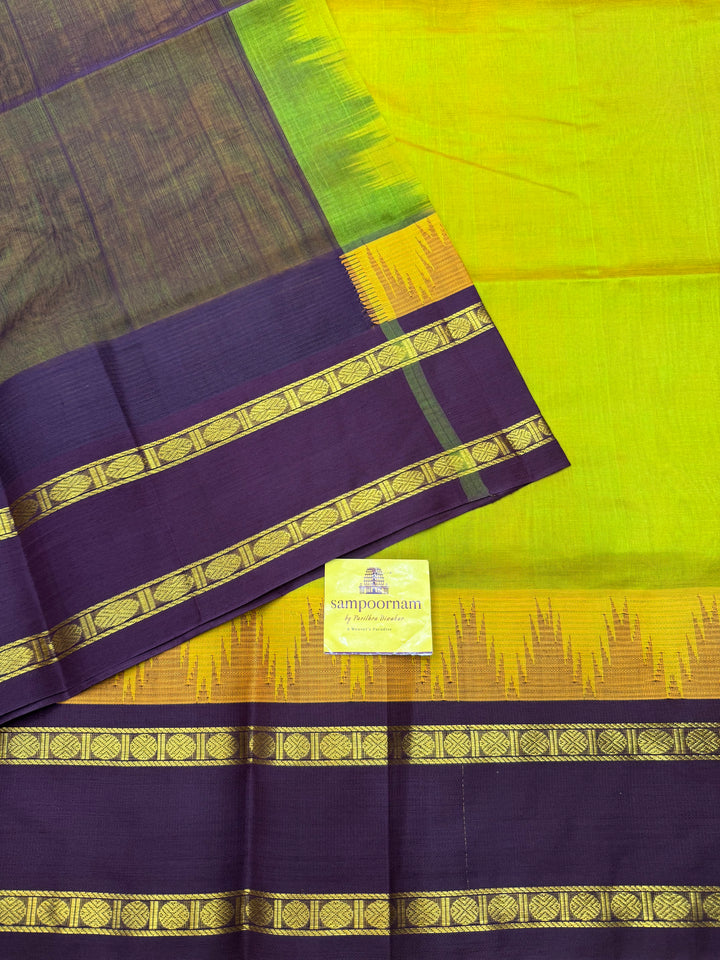 Maanthulir Green with Dark Brown  , Rettapet borders with Temple design  and Rich Pallu Korvai Silk Cotton Saree