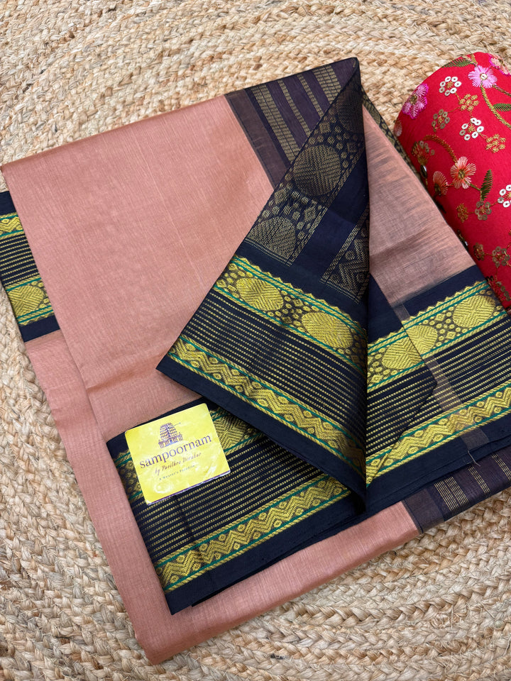 Biscuit colour  with Brown  , Traditional borders and Rich Pallu Korvai Silk Cotton Saree