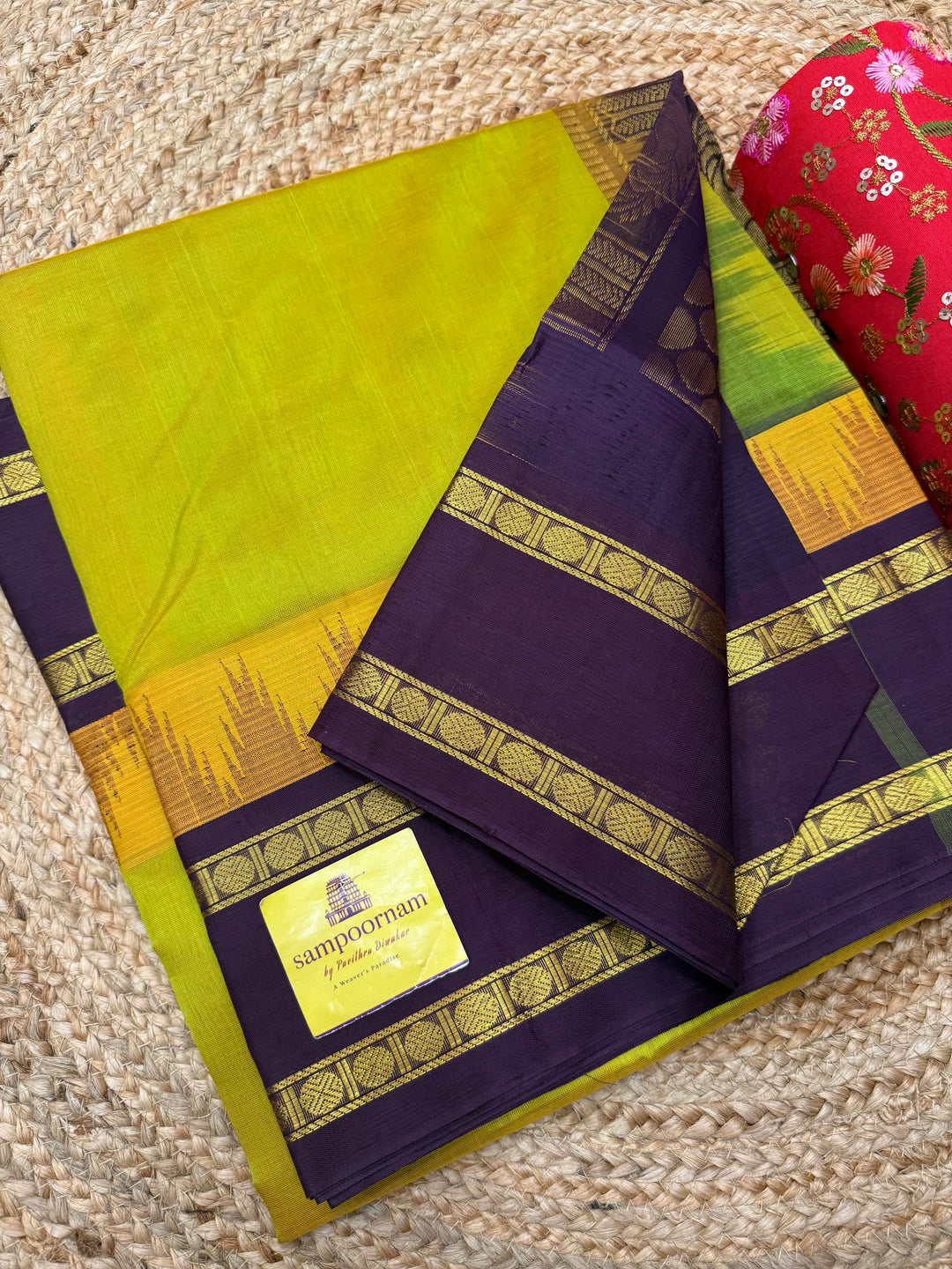 Maanthulir Green with Dark Brown  , Rettapet borders with Temple design  and Rich Pallu Korvai Silk Cotton Saree