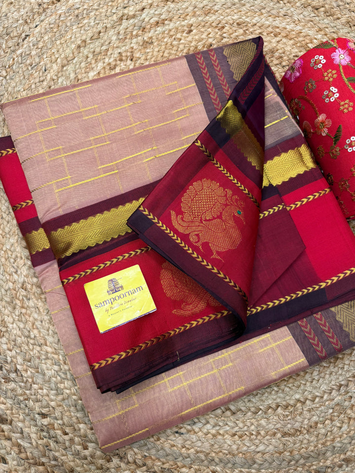 Biscuit with Maroon , Zari Lines in the body and Annam motif in the  borders and Rich Pallu Korvai Silk Cotton Saree