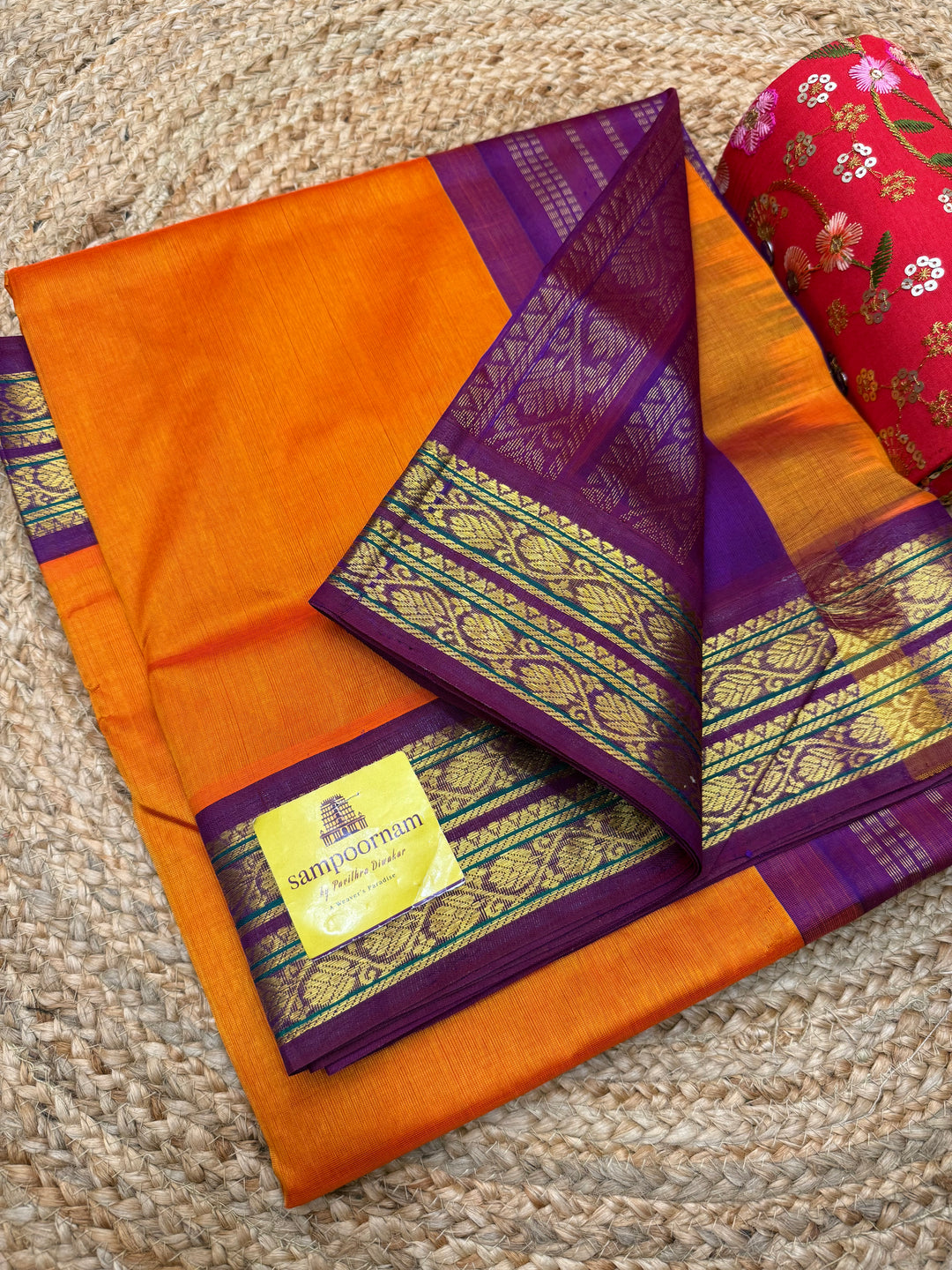 Rustic Orange with Dark Magenta  , Rettapet borders and Rich Pallu Korvai Silk Cotton Saree