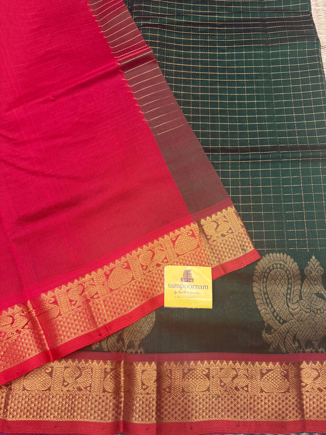 Green with Red , Zari Checks in the body with One side Annam Motif in the borders , Rich Pallu Silk Cotton Saree