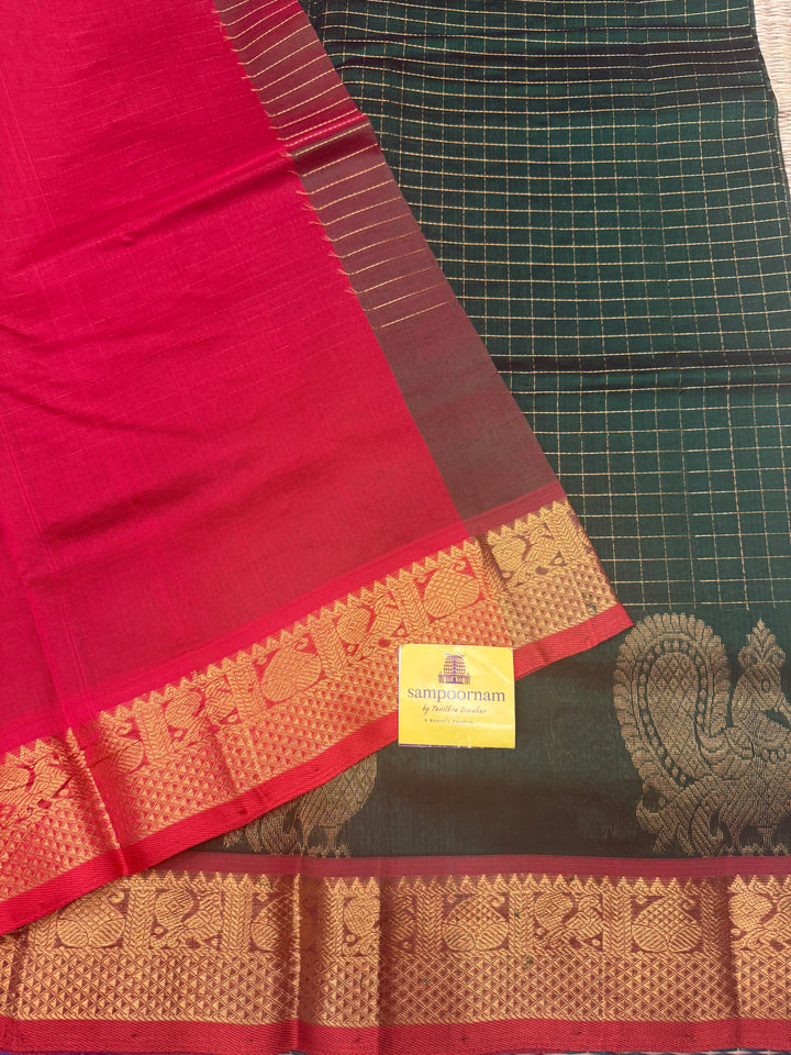 Green with Red , Zari Checks in the body with One side Annam Motif in the borders , Rich Pallu Silk Cotton Saree