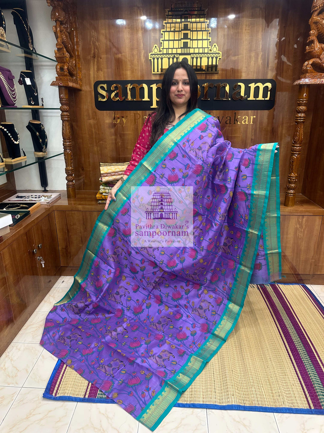 Lavender with Turquoise Blue ,Traditional Borders and Rich Pallu,  Pichwai Printed  Korvai Silk Cotton Saree
