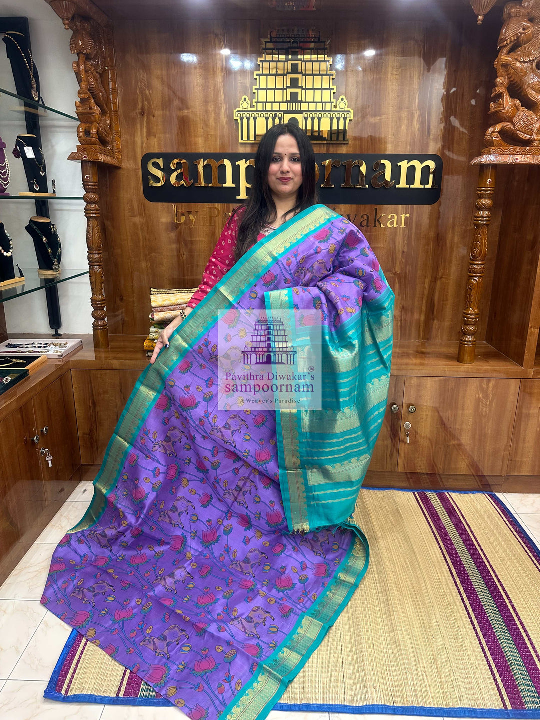 Lavender with Turquoise Blue ,Traditional Borders and Rich Pallu,  Pichwai Printed  Korvai Silk Cotton Saree