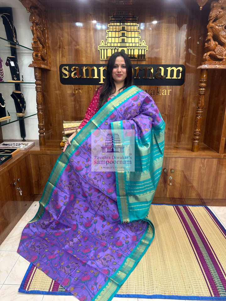 Lavender with Turquoise Blue ,Traditional Borders and Rich Pallu,  Pichwai Printed  Korvai Silk Cotton Saree