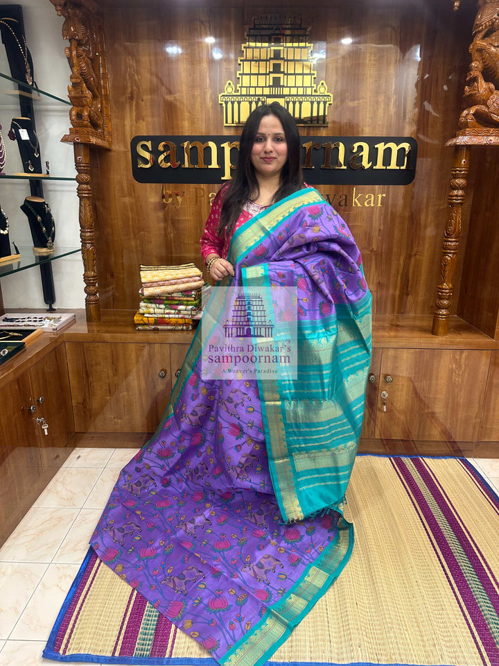 Lavender with Turquoise Blue ,Traditional Borders and Rich Pallu,  Pichwai Printed  Korvai Silk Cotton Saree