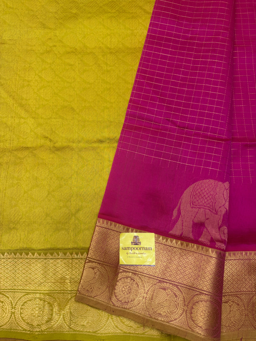 Pink Lemon Yellow , Zari Checks in the body with One side Elephant Motif in the borders , Rich Pallu Korvai Silk Cotton Saree
