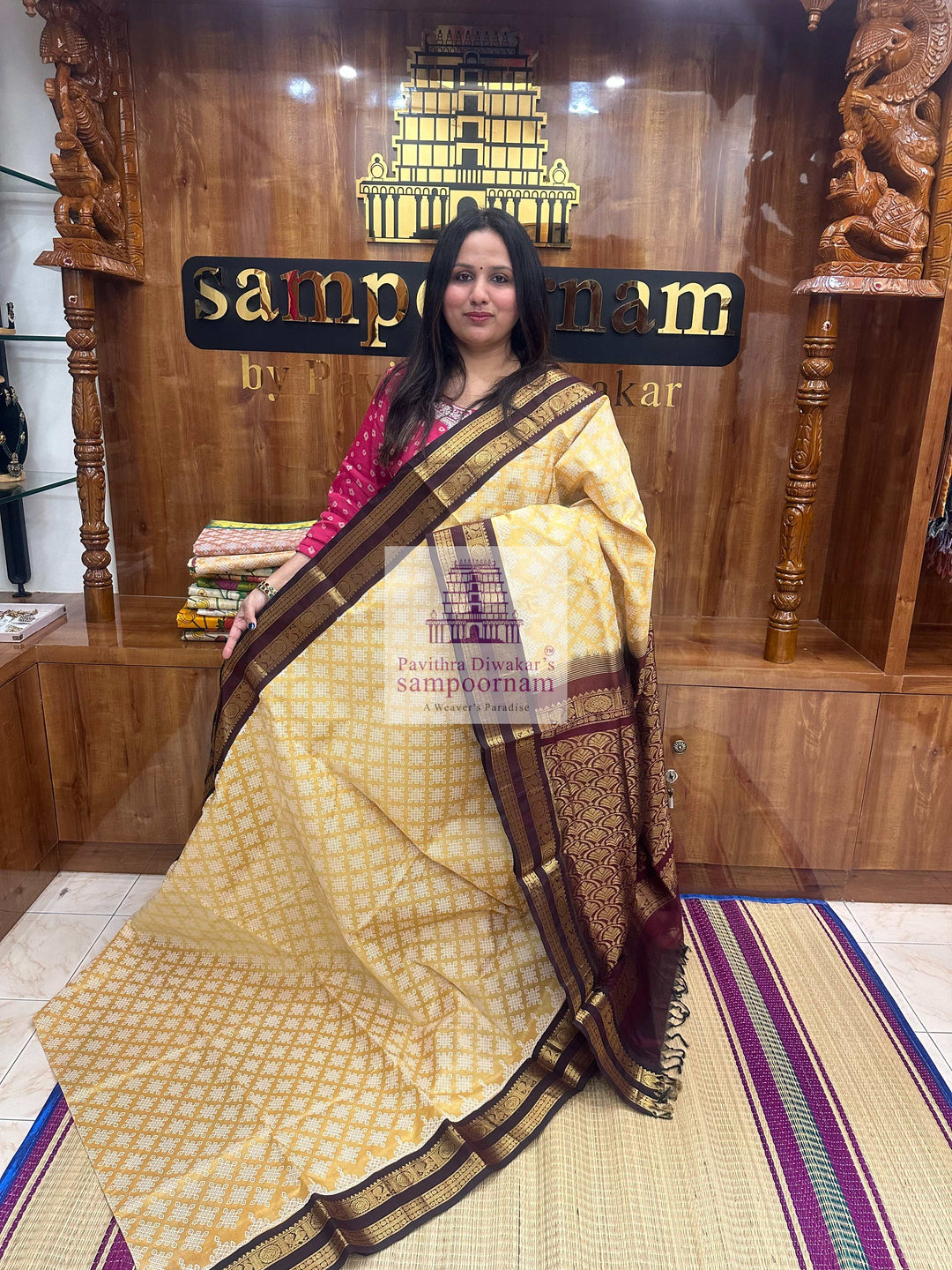 Light Gold with Araku  , Kolam Prints all over the body , rettapet border and rich Pallu , Korvai Silk Cotton Saree