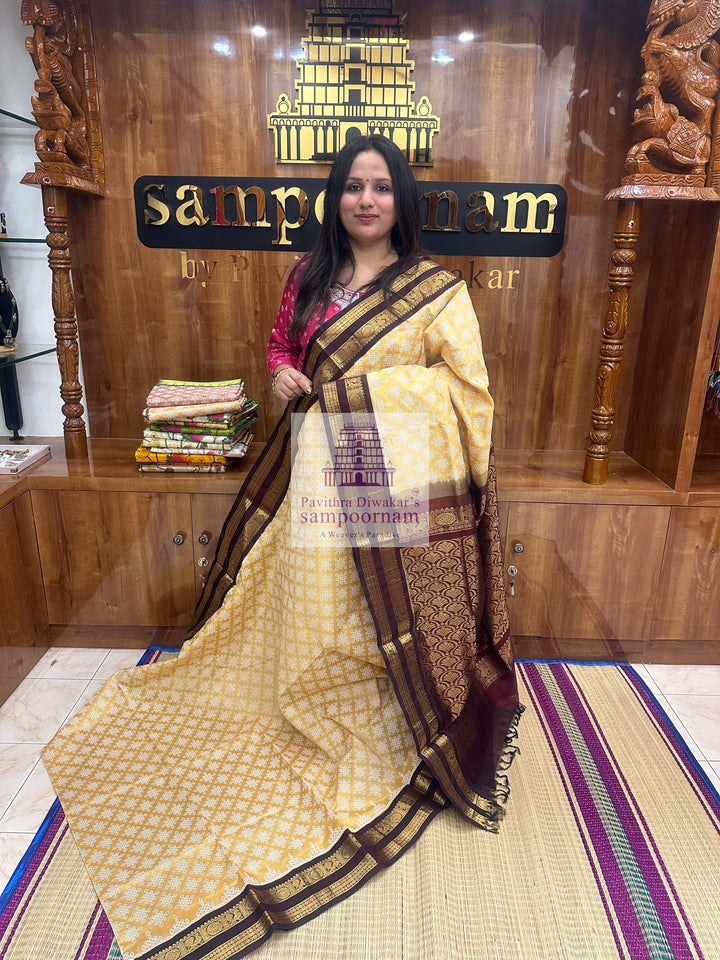 Light Gold with Araku  , Kolam Prints all over the body , rettapet border and rich Pallu , Korvai Silk Cotton Saree