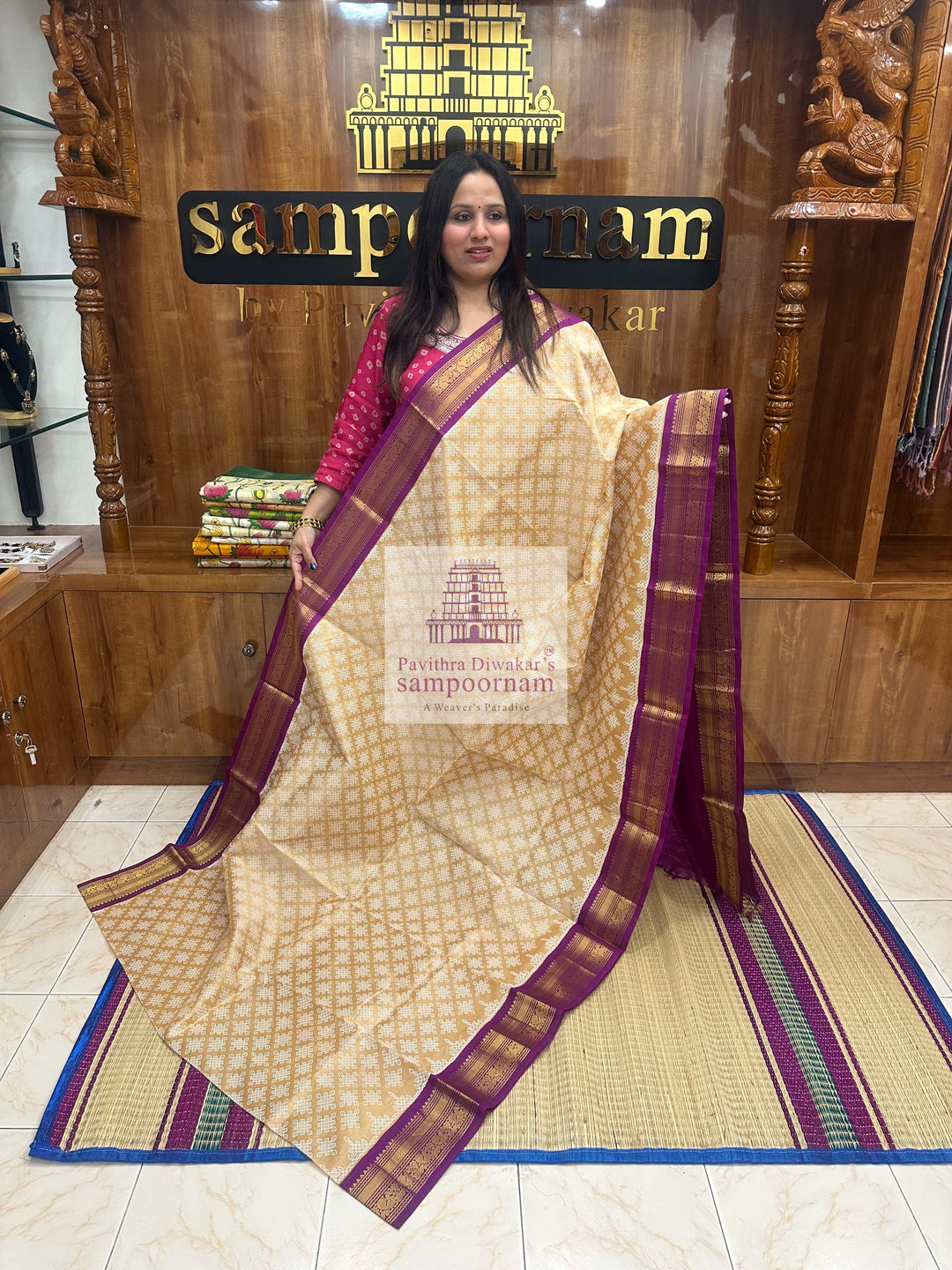 Light Gold with Magenta  , Kolam Prints all over the body , Traditional Rettapet border rich Pallu  Korvai Silk Cotton Saree