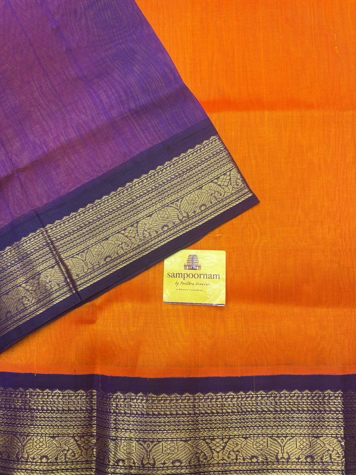 Rustic Orange with Purple  , Traditional borders and Rich Pallu Korvai Silk Cotton Saree