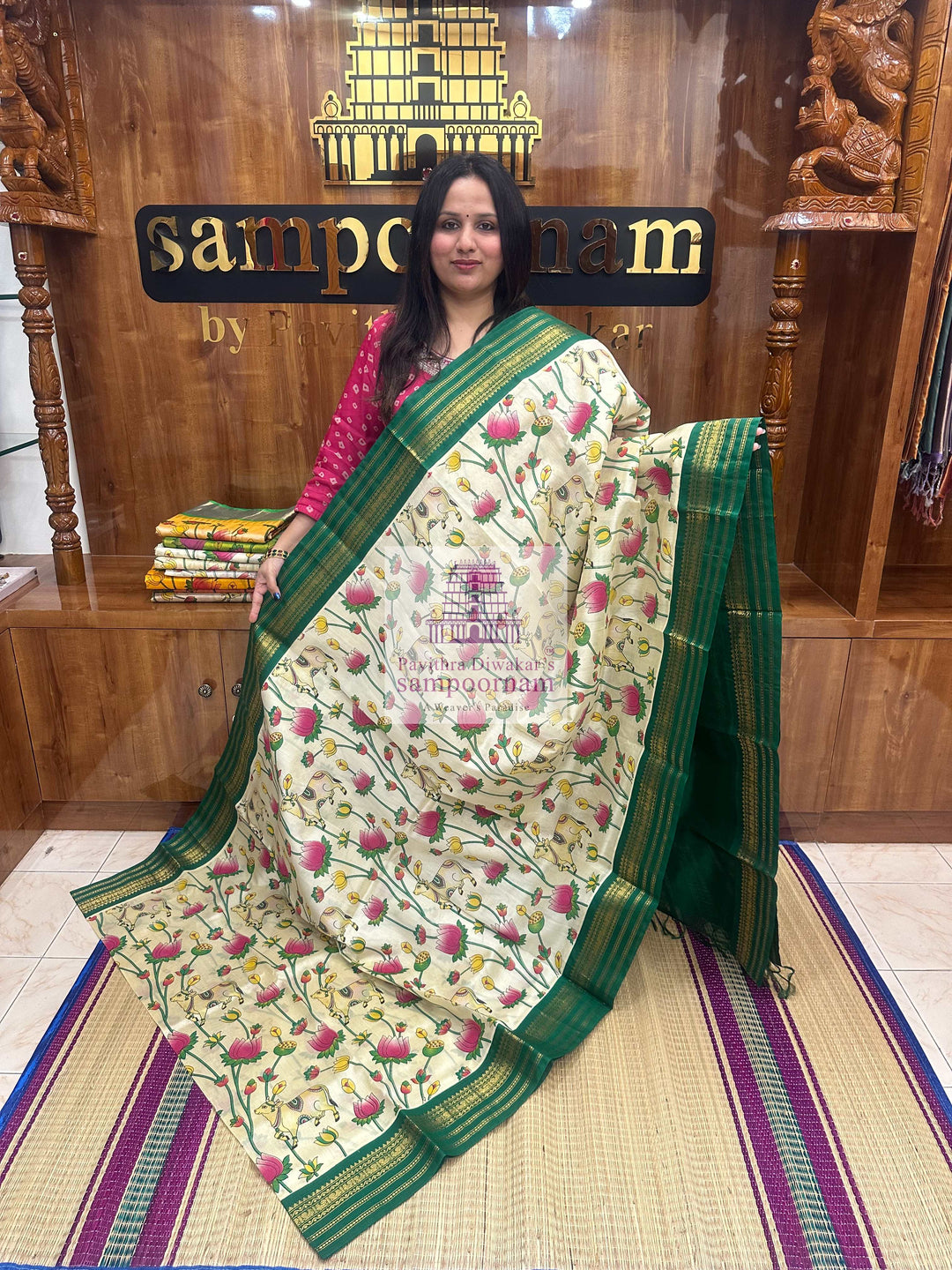 Offwhite with Green Temple Border, Traditional Borders and Rich Pallu, Pichwai Printed Korvai Silk Cotton Saree