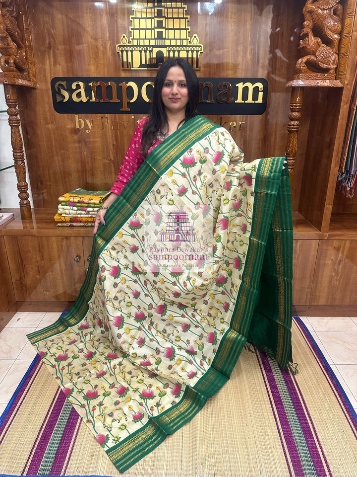Offwhite with Green Temple Border, Traditional Borders and Rich Pallu, Pichwai Printed Korvai Silk Cotton Saree