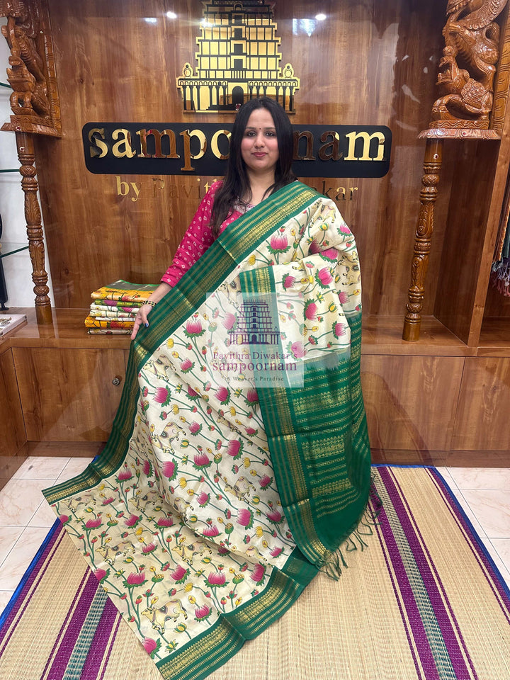 Offwhite with Green Temple Border, Traditional Borders and Rich Pallu, Pichwai Printed Korvai Silk Cotton Saree