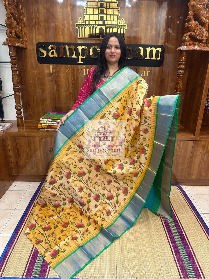 Pastel Yellow with Sea Green Temple Border ,Pichwai Printed Korvai Silk Cotton Saree