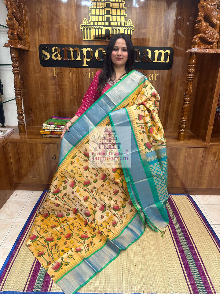 Pastel Yellow with Sea Green Temple Border ,Pichwai Printed Korvai Silk Cotton Saree