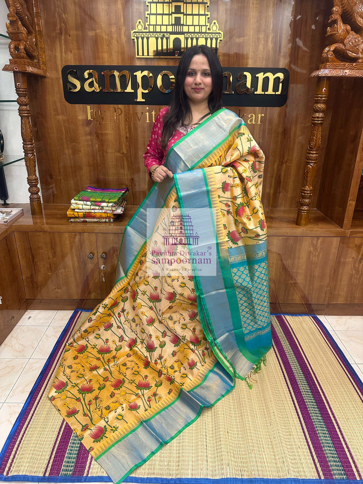 Pastel Yellow with Sea Green Temple Border ,Pichwai Printed Korvai Silk Cotton Saree