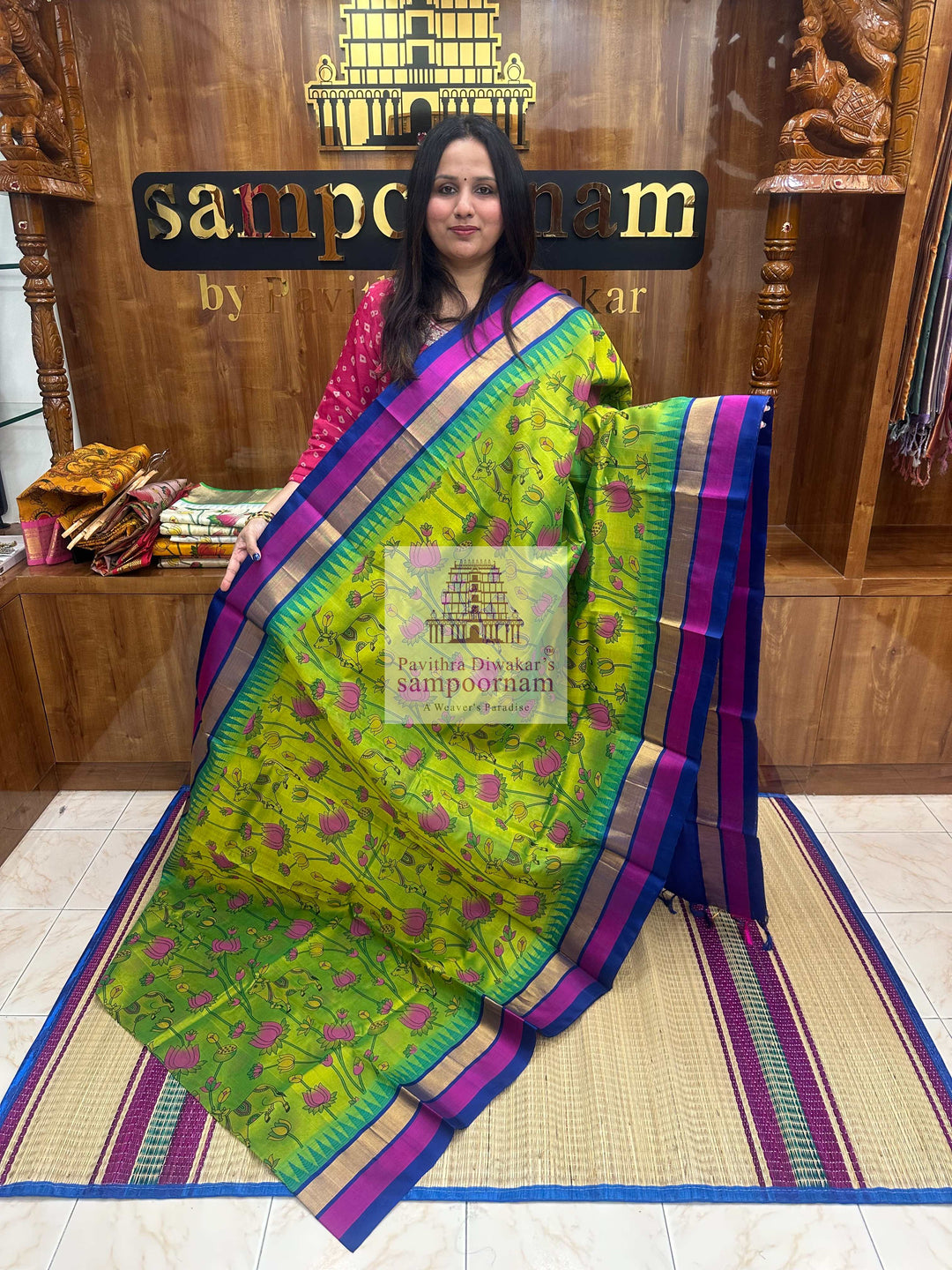 Sneha Green with Blue ,Triple colour Temple border , Pichwai Printed Korvai Silk Cotton Saree