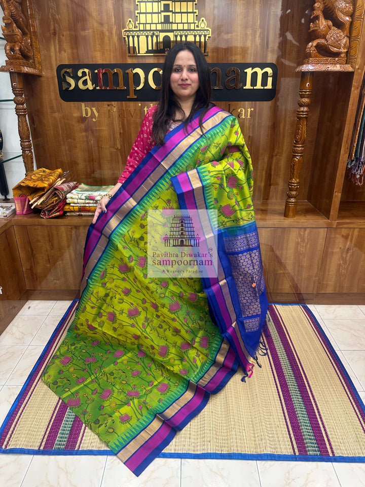 Sneha Green with Blue ,Triple colour Temple border , Pichwai Printed Korvai Silk Cotton Saree