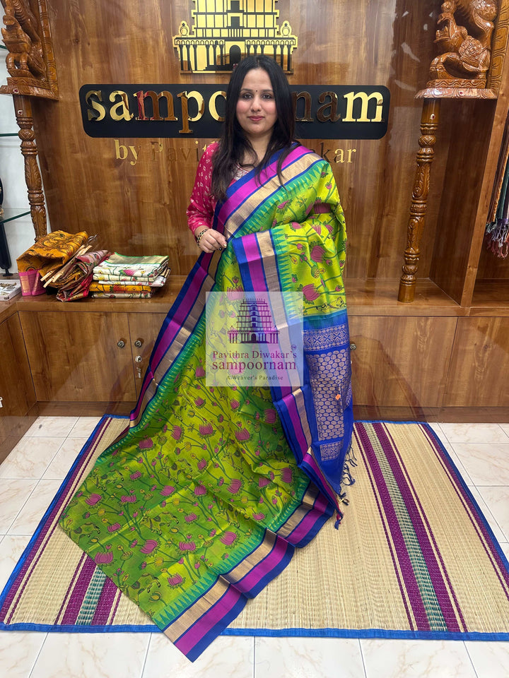 Sneha Green with Blue ,Triple colour Temple border , Pichwai Printed Korvai Silk Cotton Saree