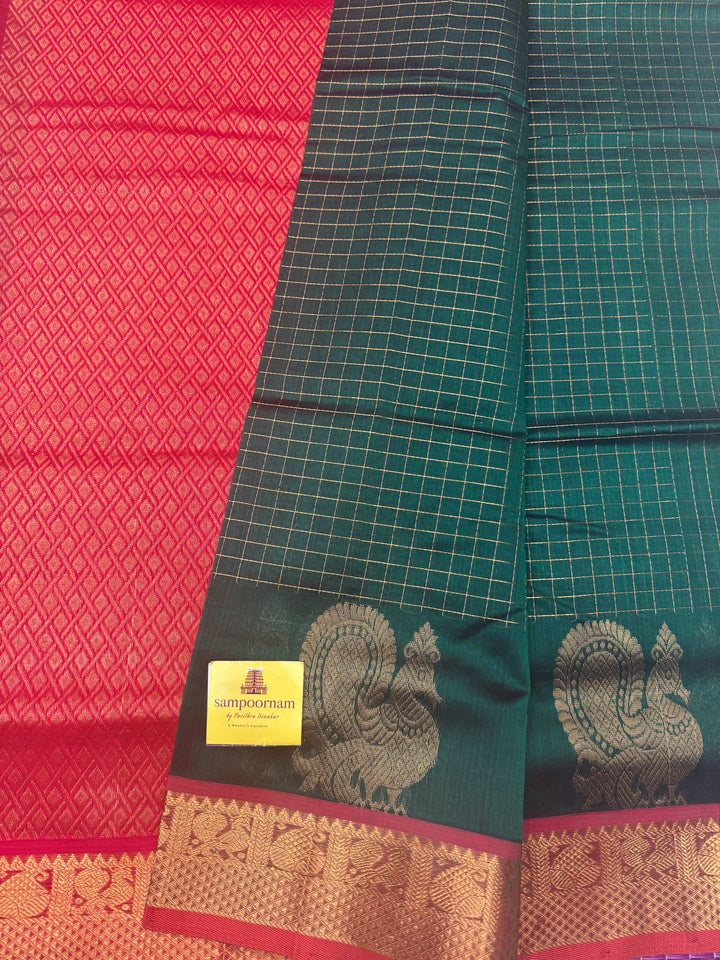 Green with Red , Zari Checks in the body with One side Annam Motif in the borders , Rich Pallu Silk Cotton Saree