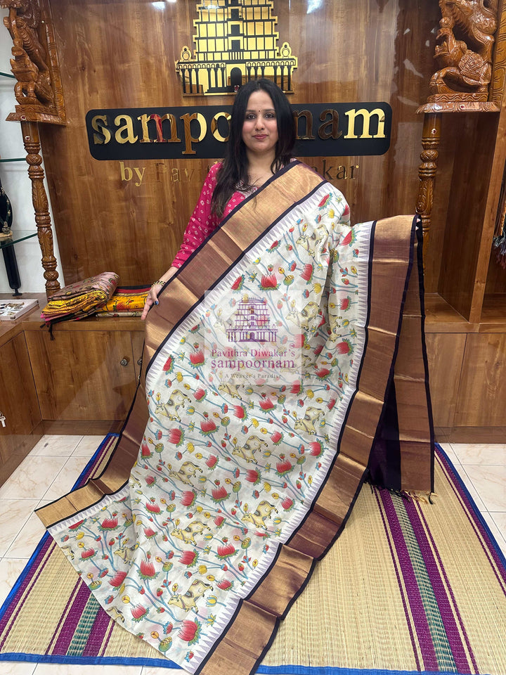 White With Purple, Tissue Temple Border ,Pichwai Printed Korvai Silk Cotton Saree