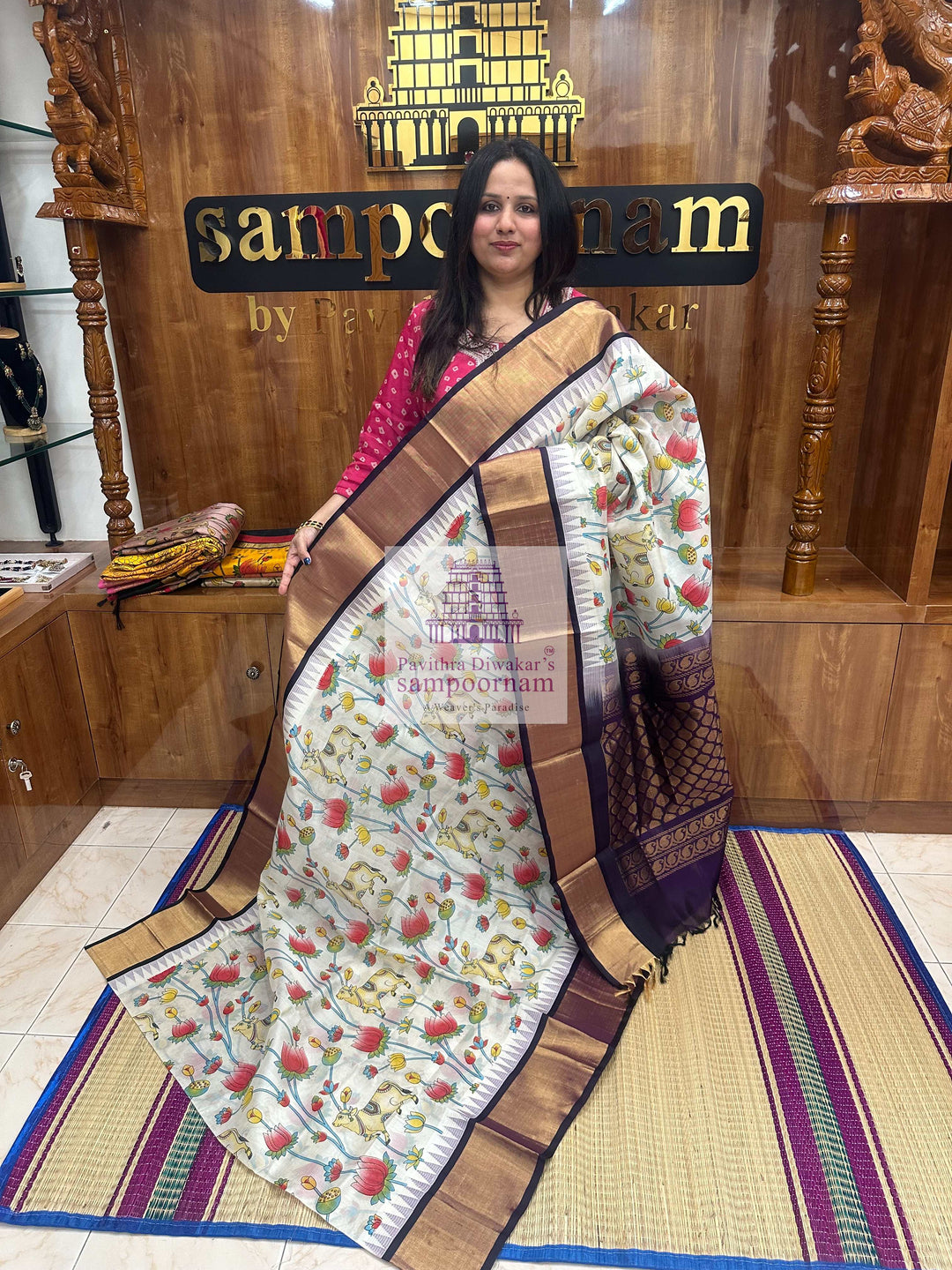 White With Purple, Tissue Temple Border ,Pichwai Printed Korvai Silk Cotton Saree