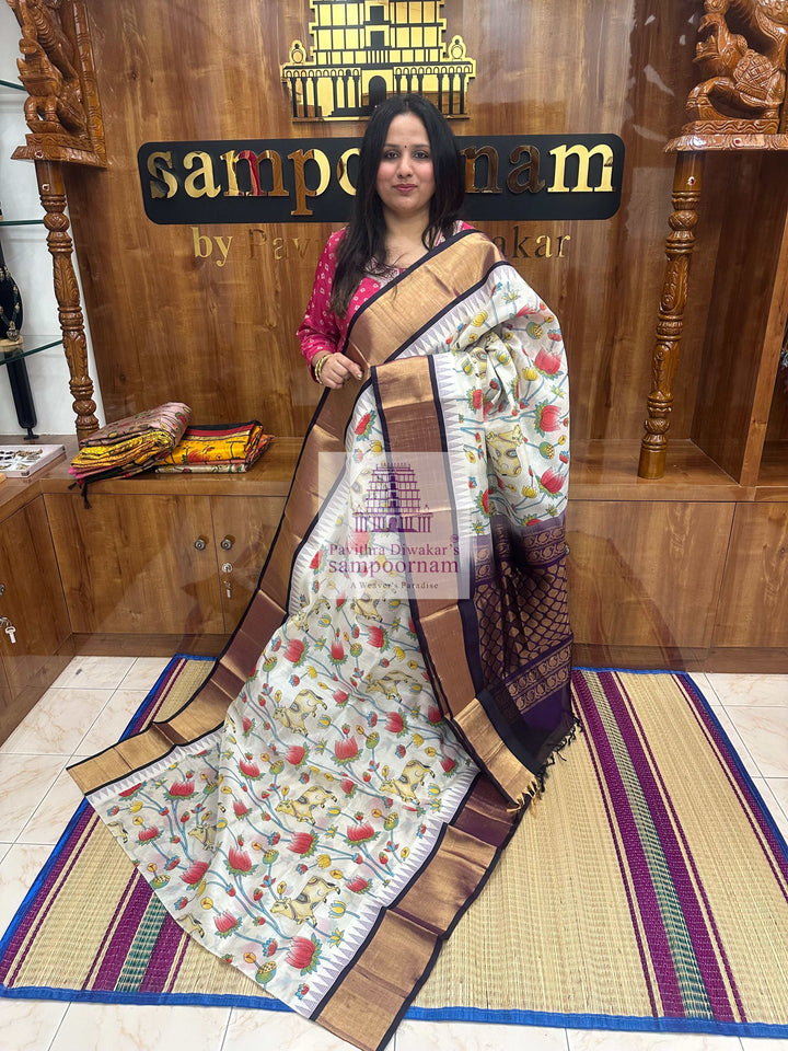 White With Purple, Tissue Temple Border ,Pichwai Printed Korvai Silk Cotton Saree