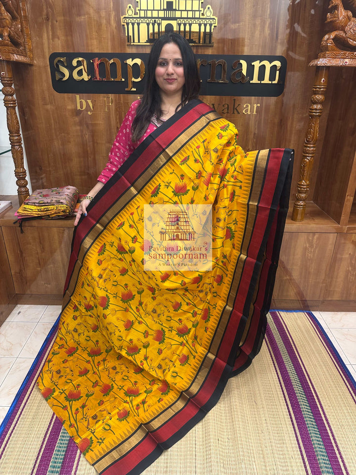 Yellow with Black , Triple colour Temple border and Grand Pallu , Pichwai Printed Korvai Silk Cotton Saree