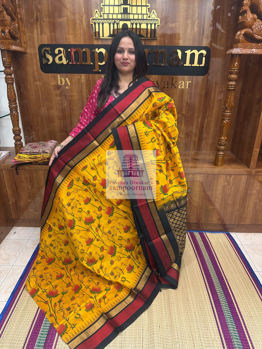 Yellow with Black , Triple colour Temple border and Grand Pallu , Pichwai Printed Korvai Silk Cotton Saree