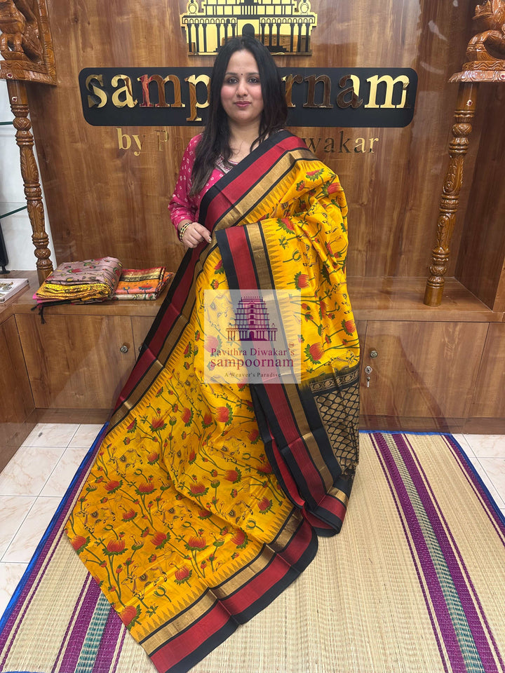 Yellow with Black , Triple colour Temple border and Grand Pallu , Pichwai Printed Korvai Silk Cotton Saree