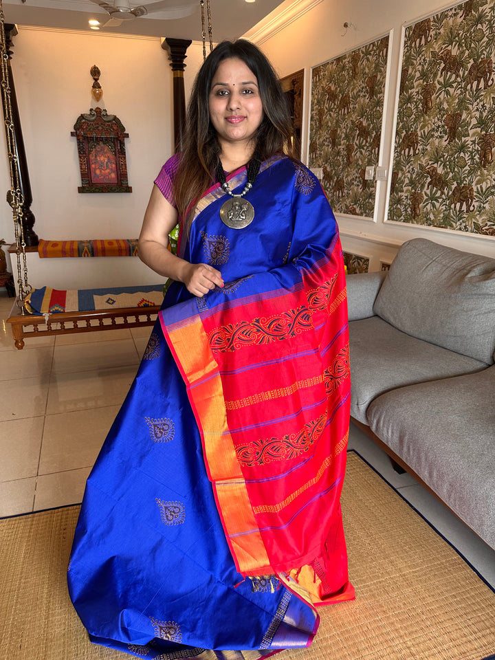 Blue with Red Handblock Printed Semi Silk Cotton Saree