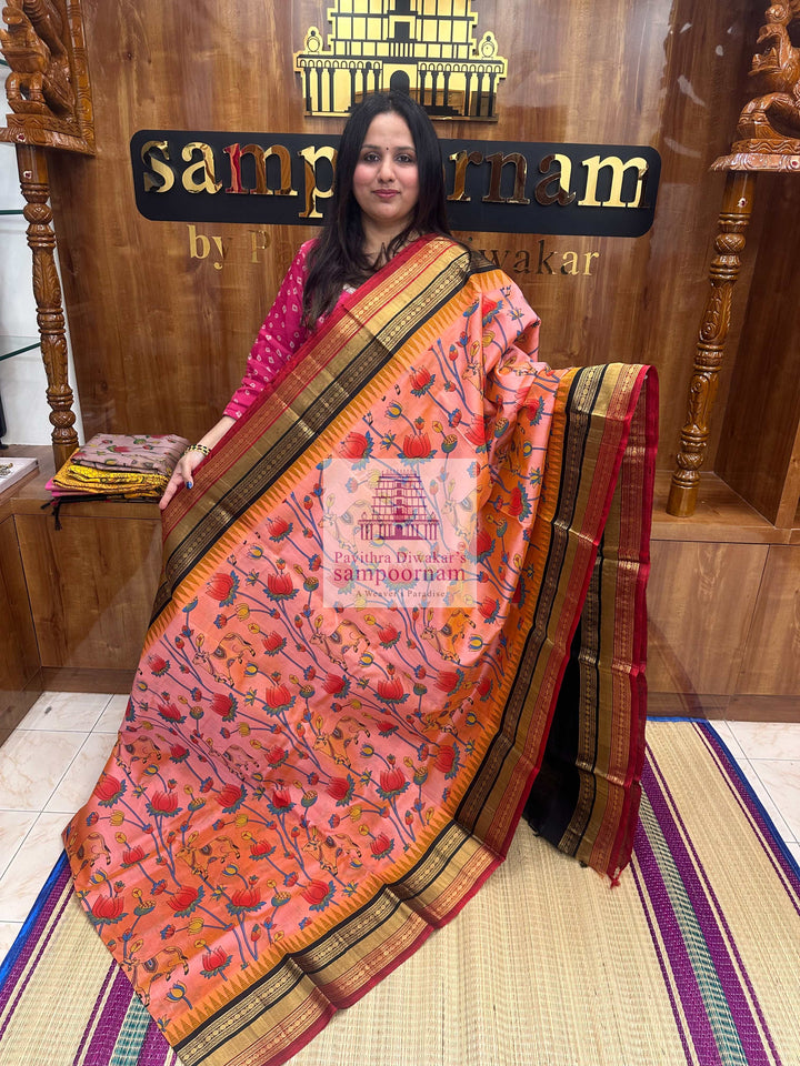 Peach Print with Black, Triple colour Temple border , Pichwai Printed Korvai Silk Cotton Saree