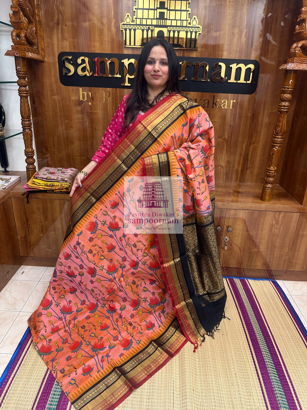 Peach Print with Black, Triple colour Temple border , Pichwai Printed Korvai Silk Cotton Saree