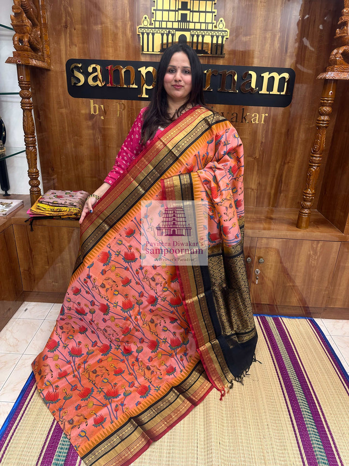 Peach Print with Black, Triple colour Temple border , Pichwai Printed Korvai Silk Cotton Saree
