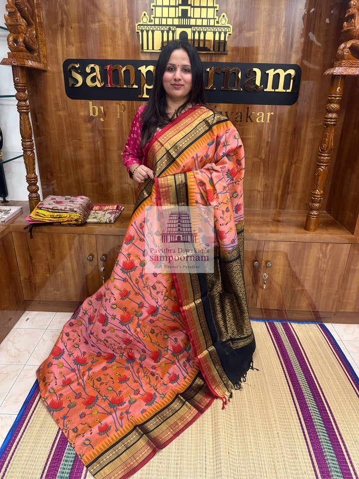 Peach Print with Black, Triple colour Temple border , Pichwai Printed Korvai Silk Cotton Saree