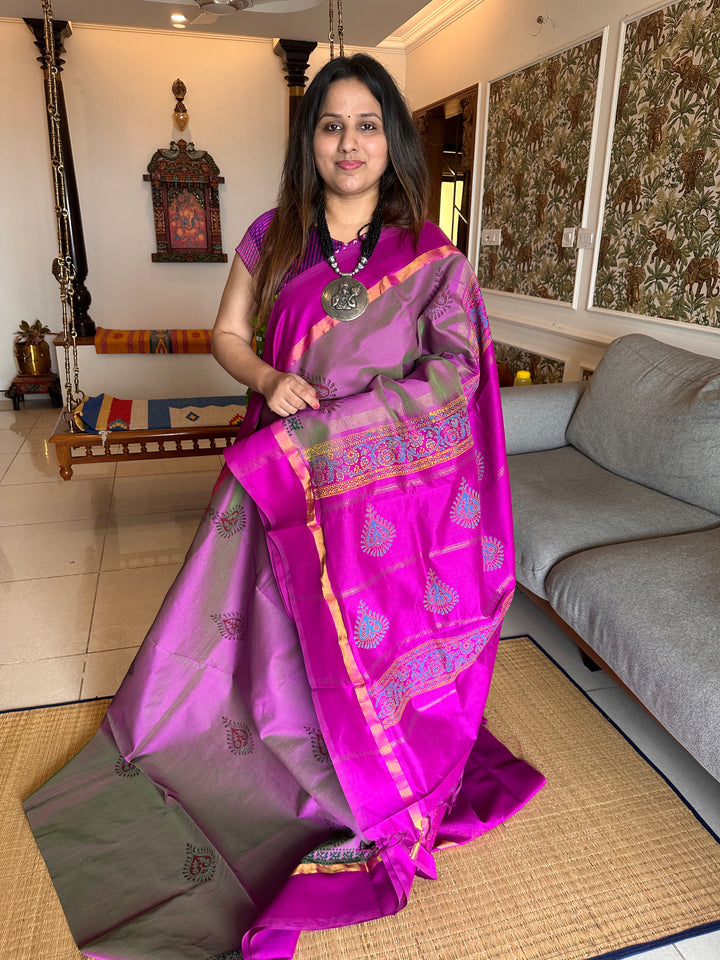 Purple Self Handblock Printed Semi Silk Cotton Saree