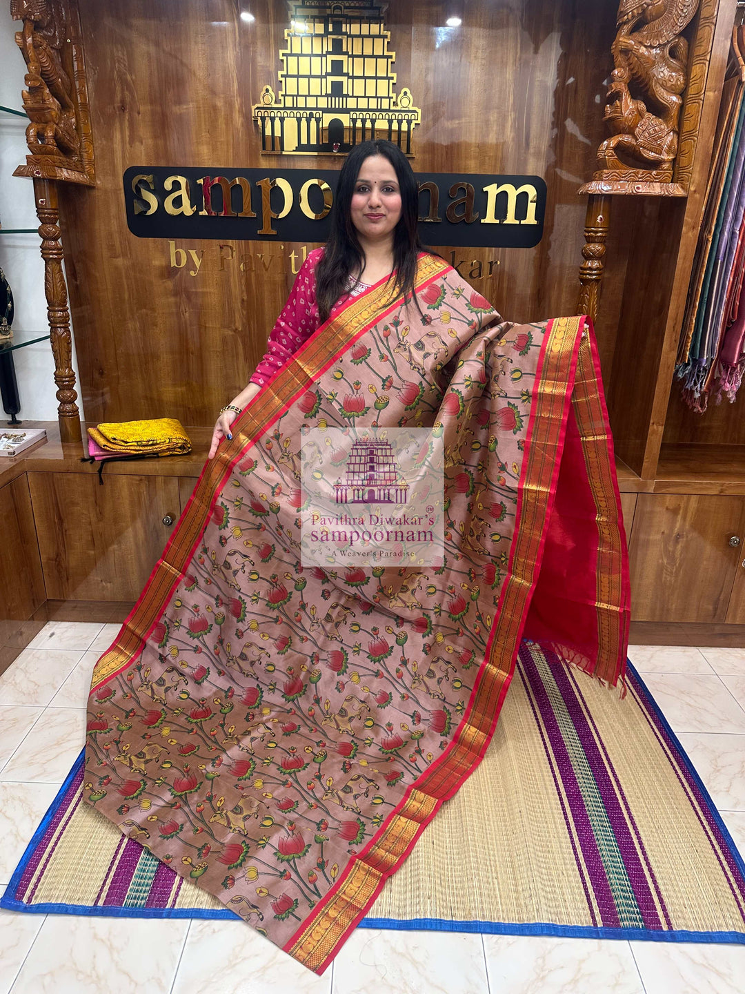 Biscuit with Red ,Traditional Borders and RIch Pallu,  Pichwai Printed Korvai Silk Cotton Saree