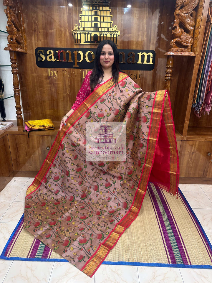 Biscuit with Red ,Traditional Borders and RIch Pallu,  Pichwai Printed Korvai Silk Cotton Saree