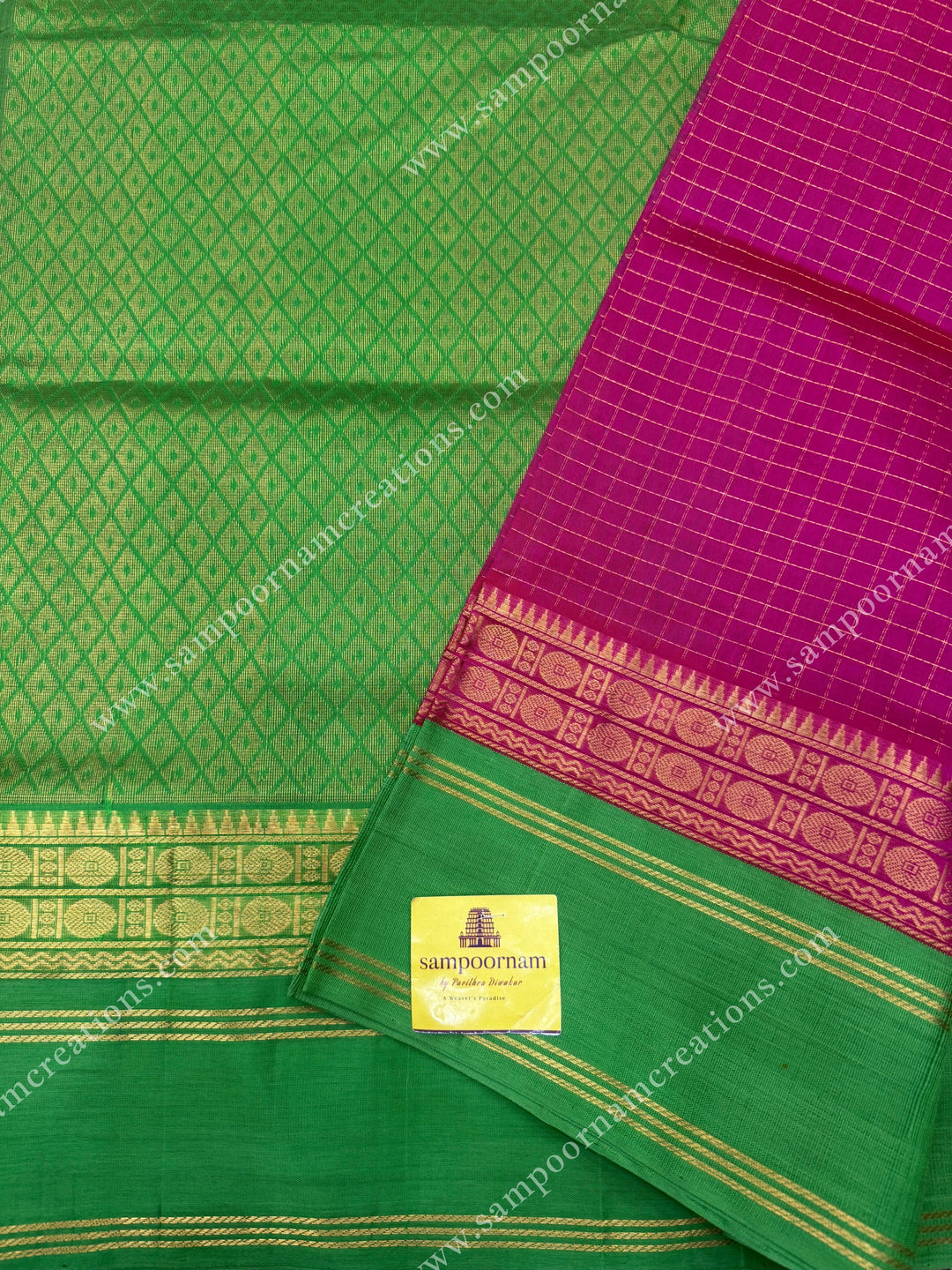Pink with Parrot Green , Zari Checks in the body and rettapet borders , Rich Pallu Korvai Silk Cotton Saree
