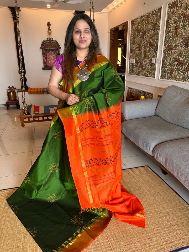 Green with Orange Handblock Printed Semi Silk Cotton Saree