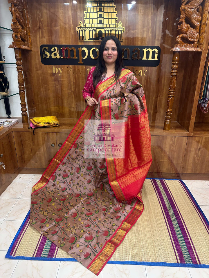 Biscuit with Red ,Traditional Borders and RIch Pallu,  Pichwai Printed Korvai Silk Cotton Saree