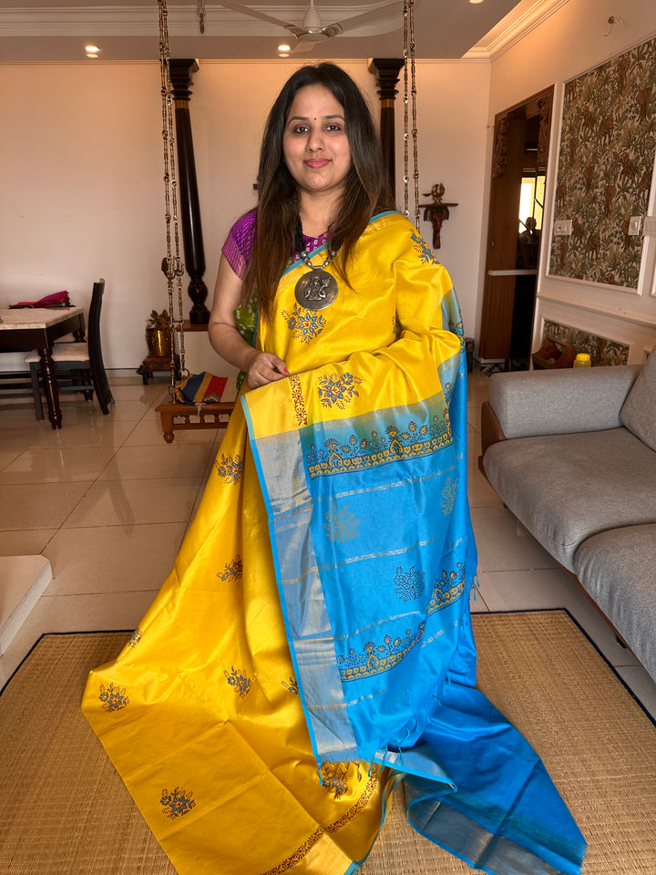 Yellow with Blue Handblock Printed Semi Silk Cotton Saree