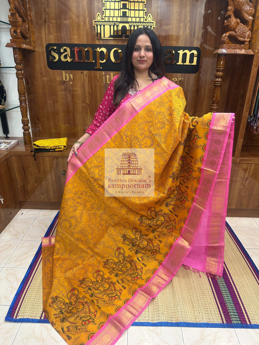 Manjal with Baby Pink traditional borders , rich Pallu Radhakrishna Printed  Korvai Silk Cotton Saree